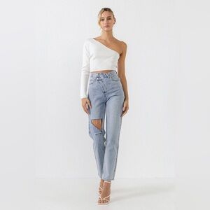 Asymmetric Light Blue Crossover Distressed Women Jeans